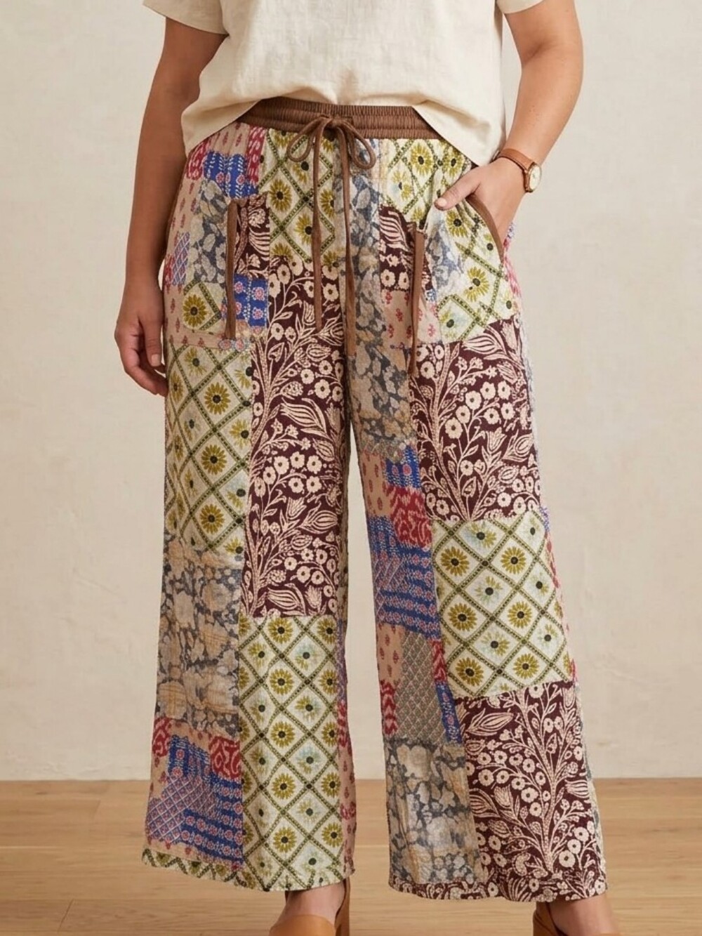 Easel Bohemian Patchwork Print Floral Wide Leg Casual Lounge Pants Sz Large NWT
